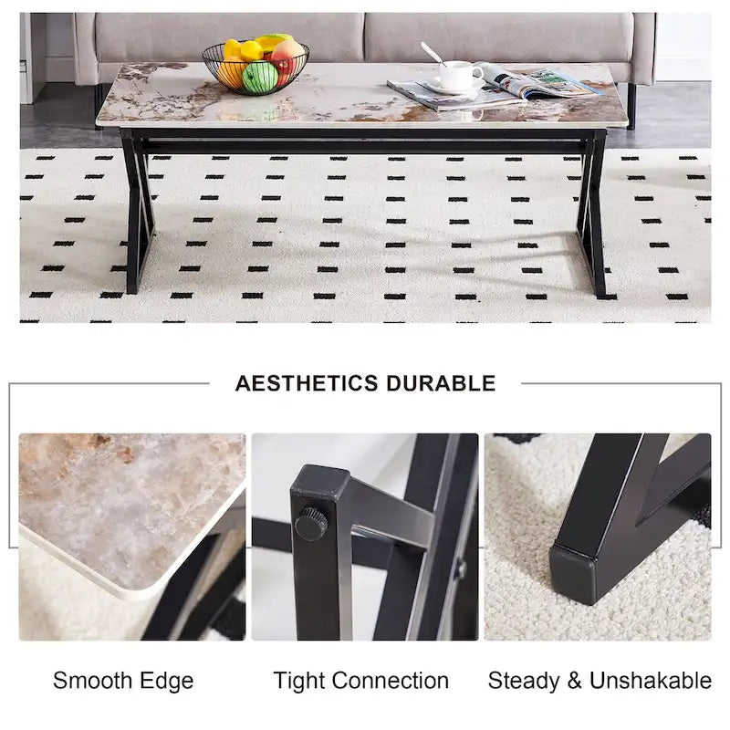 Table basse rectangulaire moderne en or / blanc+noir / noir / blanc+or avec plateau en pierre frittée et pieds en métal en forme de X – Unité unique