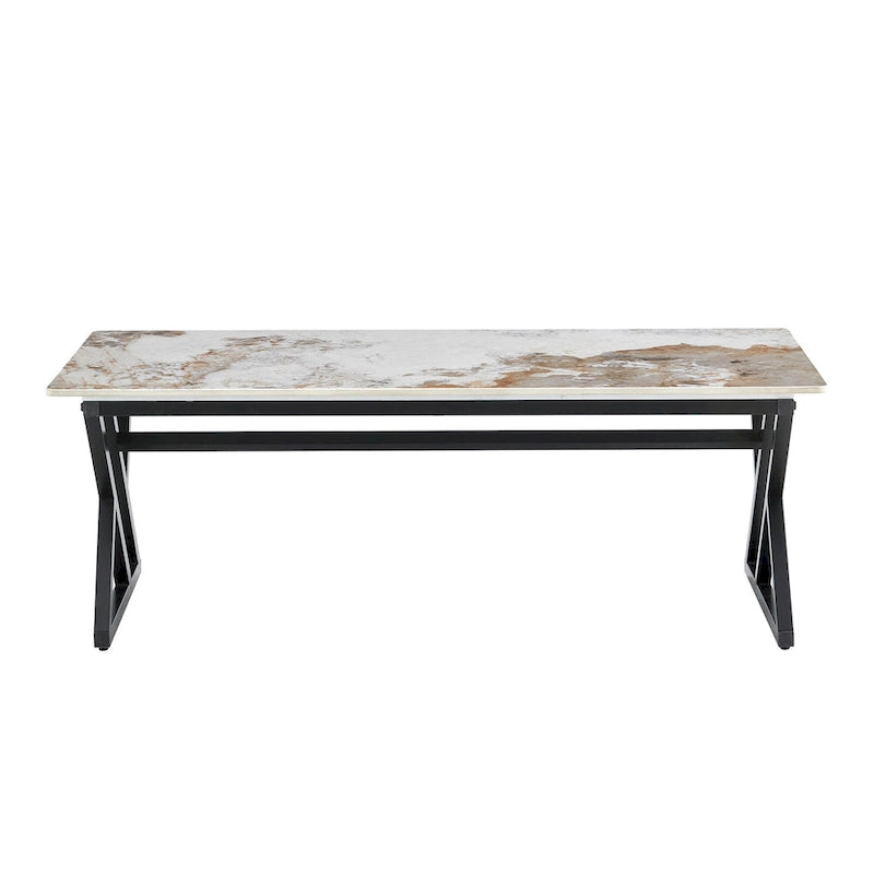 Table basse rectangulaire moderne en or / blanc+noir / noir / blanc+or avec plateau en pierre frittée et pieds en métal en forme de X – Unité unique