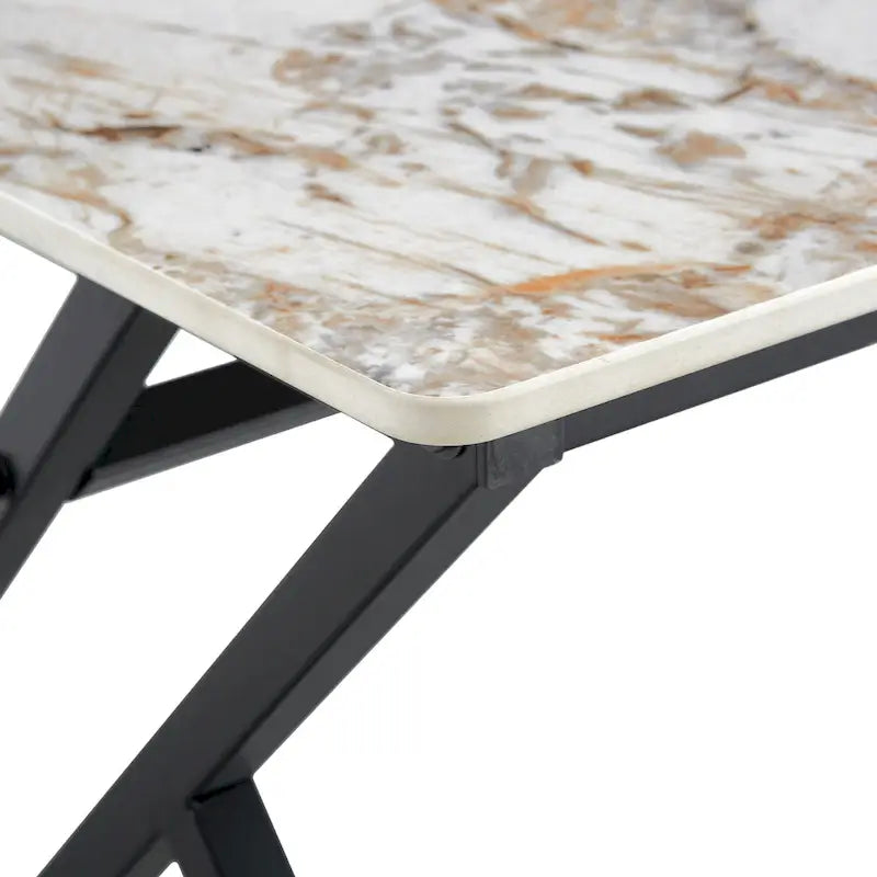 Table basse rectangulaire moderne en or / blanc+noir / noir / blanc+or avec plateau en pierre frittée et pieds en métal en forme de X – Unité unique