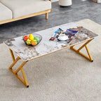 Table basse rectangulaire moderne en or / blanc+noir / noir / blanc+or avec plateau en pierre frittée et pieds en métal en forme de X – Unité unique