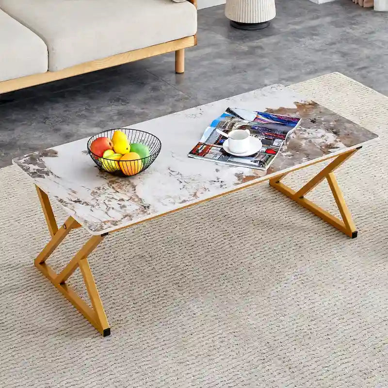 Table basse rectangulaire moderne en or / blanc+noir / noir / blanc+or avec plateau en pierre frittée et pieds en métal en forme de X – Unité unique