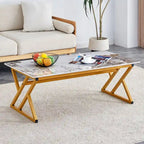 Table basse rectangulaire moderne en or / blanc+noir / noir / blanc+or avec plateau en pierre frittée et pieds en métal en forme de X – Unité unique