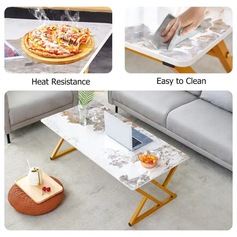 Table basse rectangulaire moderne en or / blanc+noir / noir / blanc+or avec plateau en pierre frittée et pieds en métal en forme de X – Unité unique