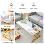 Table basse rectangulaire moderne en or / blanc+noir / noir / blanc+or avec plateau en pierre frittée et pieds en métal en forme de X – Unité unique