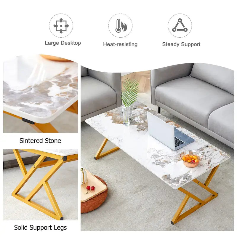 Table basse rectangulaire moderne en or / blanc+noir / noir / blanc+or avec plateau en pierre frittée et pieds en métal en forme de X – Unité unique