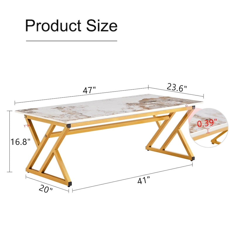 Table basse rectangulaire moderne en or / blanc+noir / noir / blanc+or avec plateau en pierre frittée et pieds en métal en forme de X – Unité unique