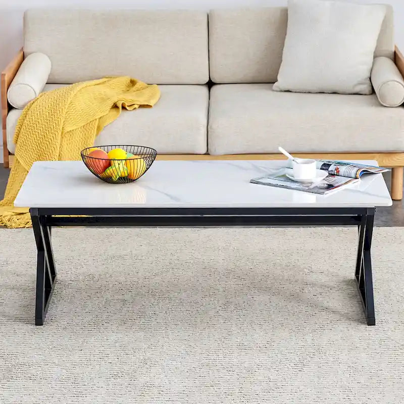 Table basse rectangulaire moderne en or / blanc+noir / noir / blanc+or avec plateau en pierre frittée et pieds en métal en forme de X – Unité unique