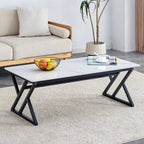 Table basse rectangulaire moderne en or / blanc+noir / noir / blanc+or avec plateau en pierre frittée et pieds en métal en forme de X – Unité unique