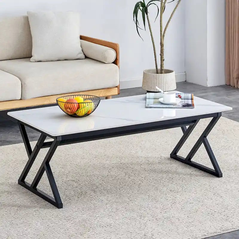 Table basse rectangulaire moderne en or / blanc+noir / noir / blanc+or avec plateau en pierre frittée et pieds en métal en forme de X – Unité unique