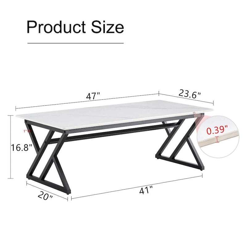 Table basse rectangulaire moderne en or / blanc+noir / noir / blanc+or avec plateau en pierre frittée et pieds en métal en forme de X – Unité unique