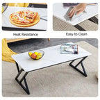 Table basse rectangulaire moderne en or / blanc+noir / noir / blanc+or avec plateau en pierre frittée et pieds en métal en forme de X – Unité unique