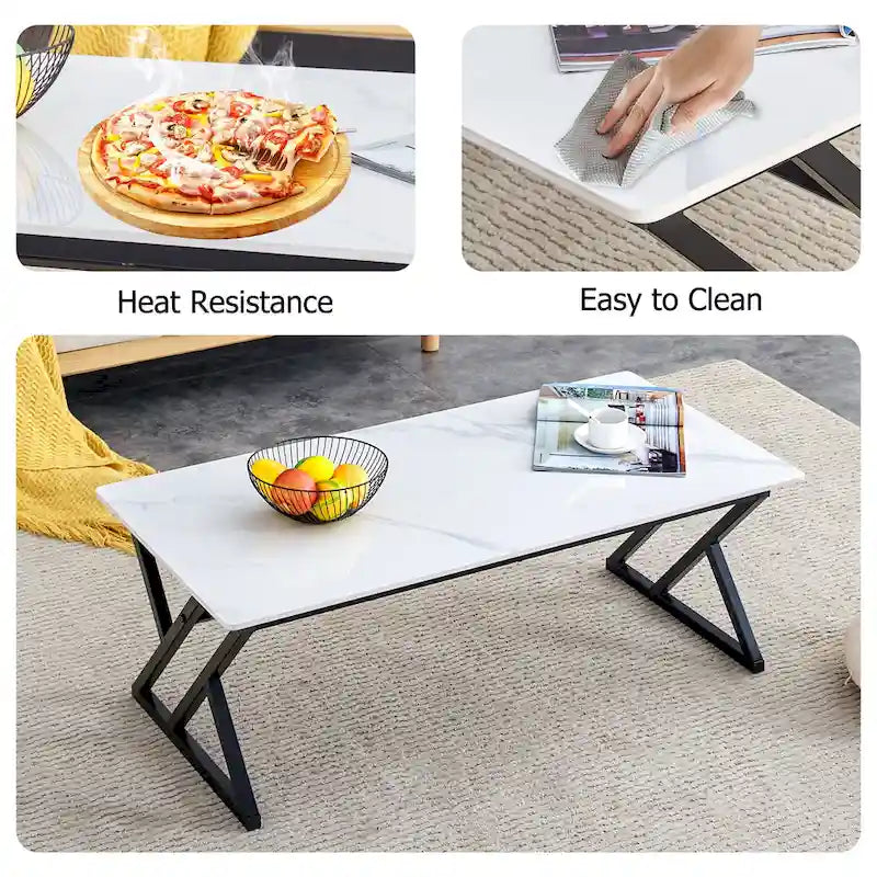 Table basse rectangulaire moderne en or / blanc+noir / noir / blanc+or avec plateau en pierre frittée et pieds en métal en forme de X – Unité unique