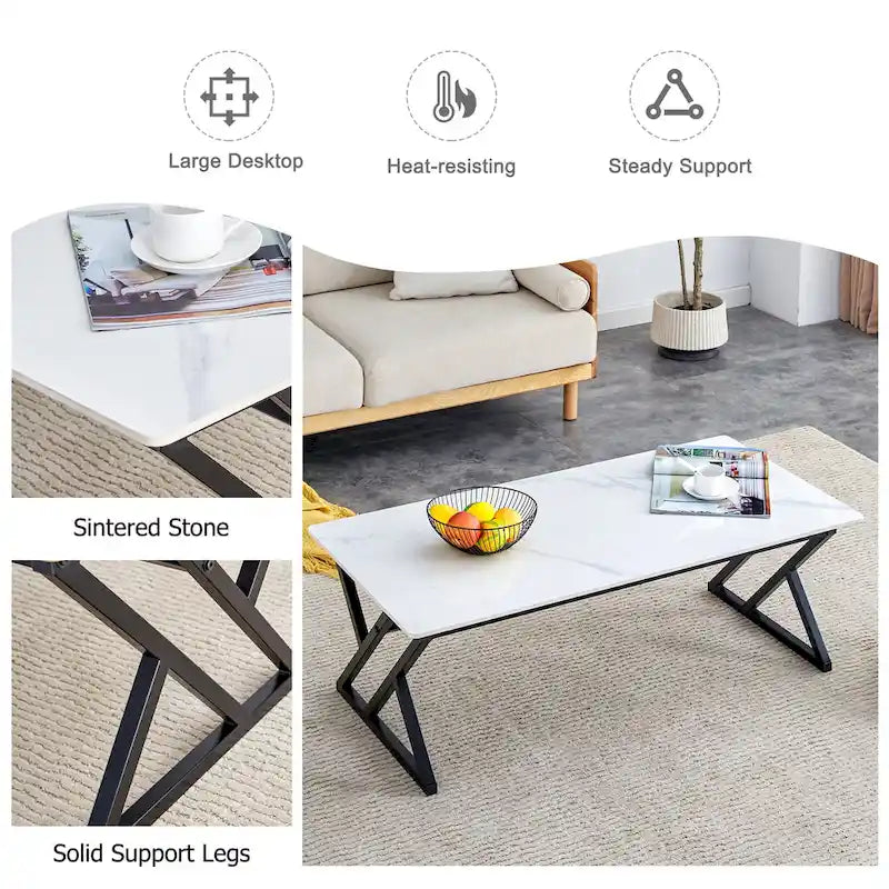 Table basse rectangulaire moderne en or / blanc+noir / noir / blanc+or avec plateau en pierre frittée et pieds en métal en forme de X – Unité unique