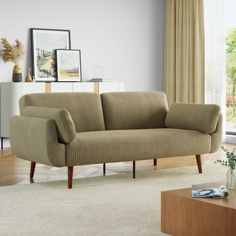 Canapé-lit convertible en velours côtelé gris / bleu marine / beige / vert / kaki avec dossier inclinable séparé et accoudoirs évasés – 2 places, se transforme en lit double