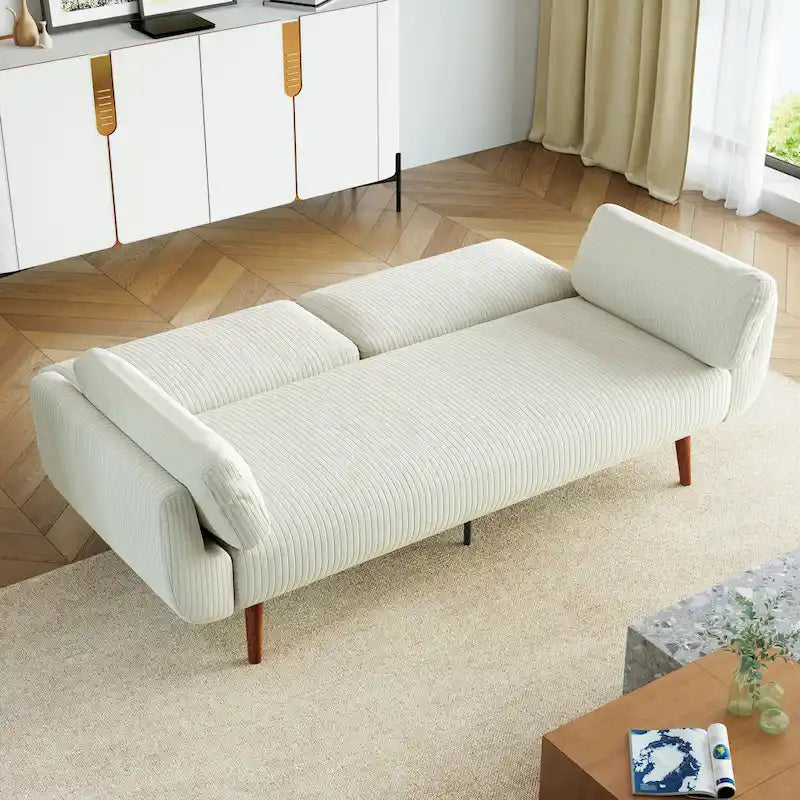 Canapé-lit convertible en velours côtelé gris / bleu marine / beige / vert / kaki avec dossier inclinable séparé et accoudoirs évasés – 2 places, se transforme en lit double