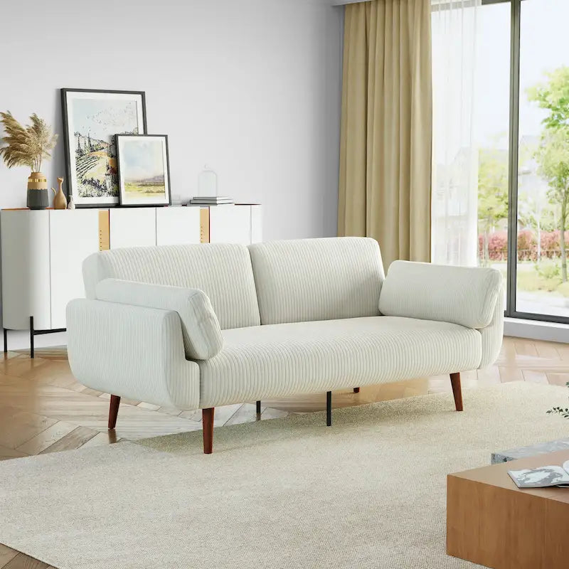 Canapé-lit convertible en velours côtelé gris / bleu marine / beige / vert / kaki avec dossier inclinable séparé et accoudoirs évasés – 2 places, se transforme en lit double