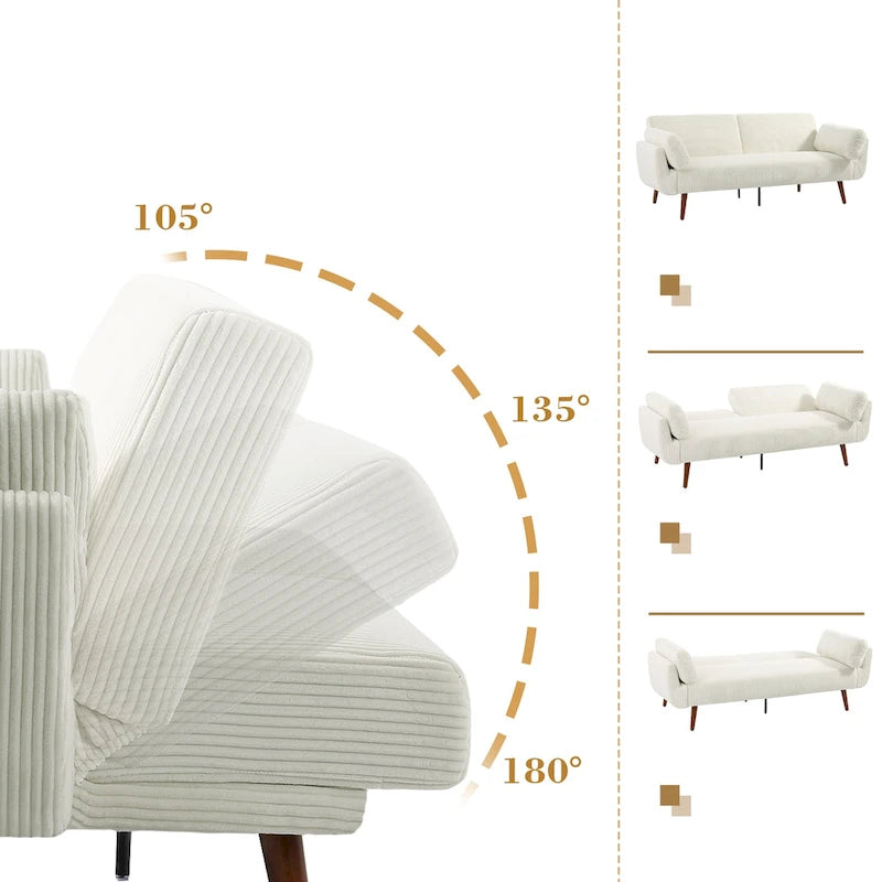 Canapé-lit convertible en velours côtelé gris / bleu marine / beige / vert / kaki avec dossier inclinable séparé et accoudoirs évasés – 2 places, se transforme en lit double