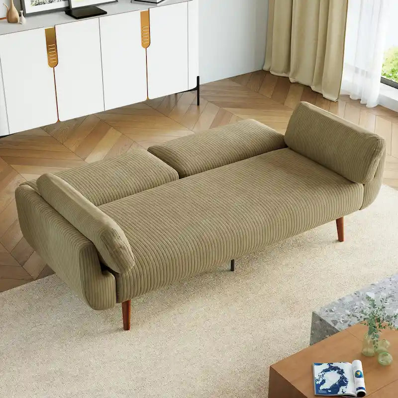 Canapé-lit convertible en velours côtelé gris / bleu marine / beige / vert / kaki avec dossier inclinable séparé et accoudoirs évasés – 2 places, se transforme en lit double