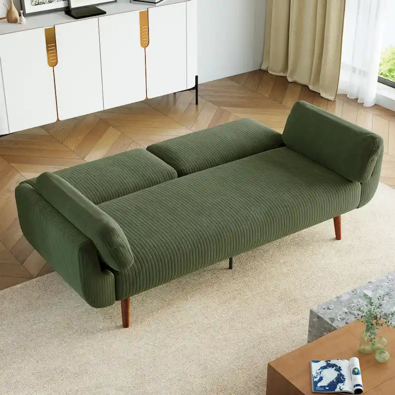 Canapé-lit convertible en velours côtelé gris / bleu marine / beige / vert / kaki avec dossier inclinable séparé et accoudoirs évasés – 2 places, se transforme en lit double