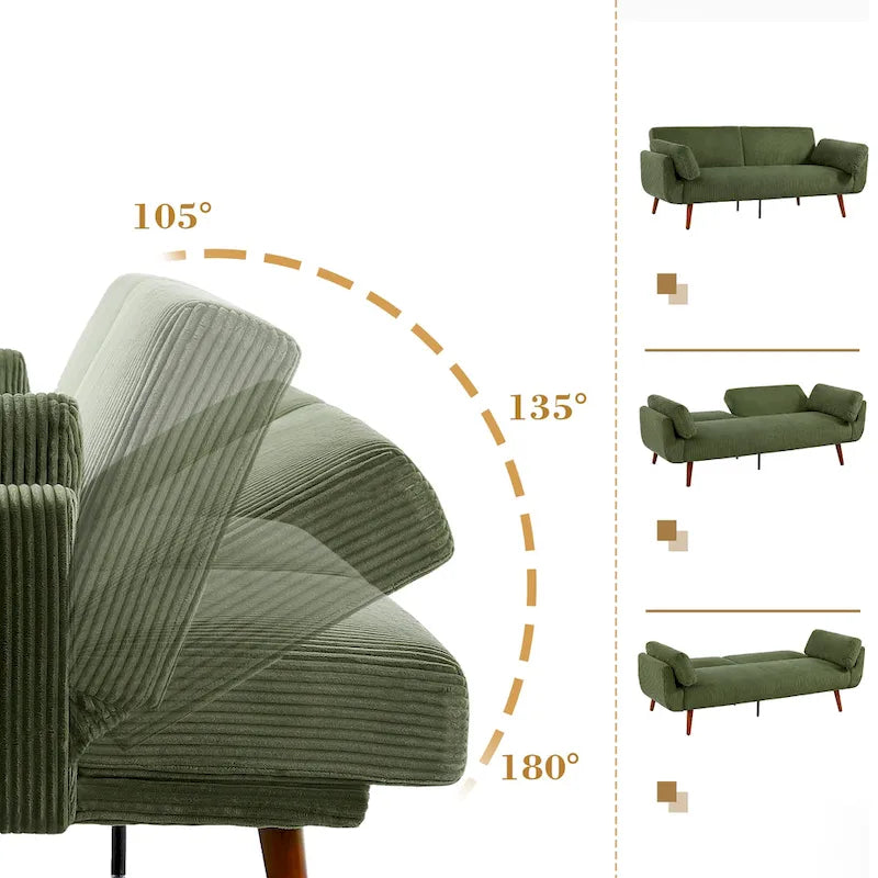 Canapé-lit convertible en velours côtelé gris / bleu marine / beige / vert / kaki avec dossier inclinable séparé et accoudoirs évasés – 2 places, se transforme en lit double