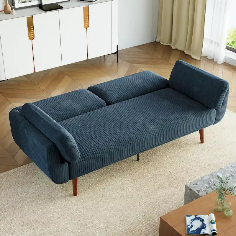 Canapé-lit convertible en velours côtelé gris / bleu marine / beige / vert / kaki avec dossier inclinable séparé et accoudoirs évasés – 2 places, se transforme en lit double