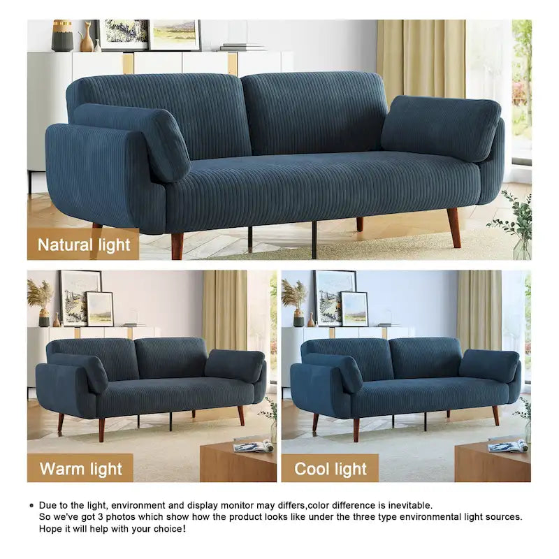 Canapé-lit convertible en velours côtelé gris / bleu marine / beige / vert / kaki avec dossier inclinable séparé et accoudoirs évasés – 2 places, se transforme en lit double