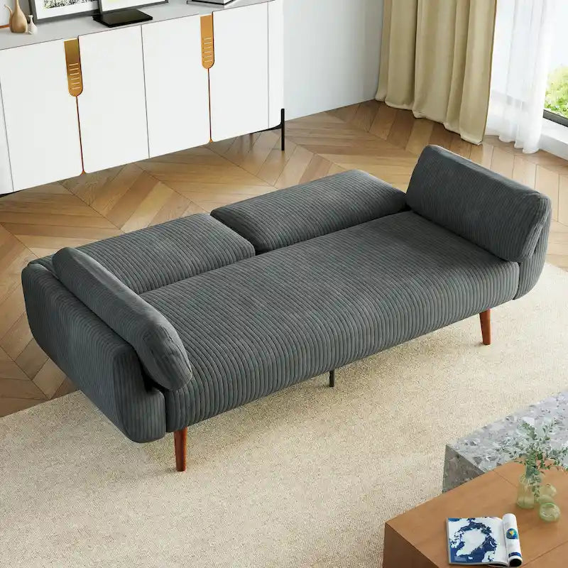 Canapé-lit convertible en velours côtelé gris / bleu marine / beige / vert / kaki avec dossier inclinable séparé et accoudoirs évasés – 2 places, se transforme en lit double