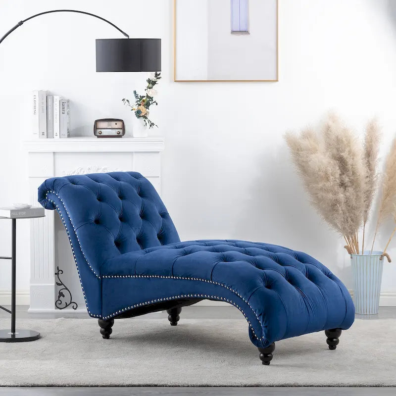 Méridienne capitonnée en velours bleu avec clous décoratifs arrondis, mousse haute densité et pieds en bouleau – Une place
