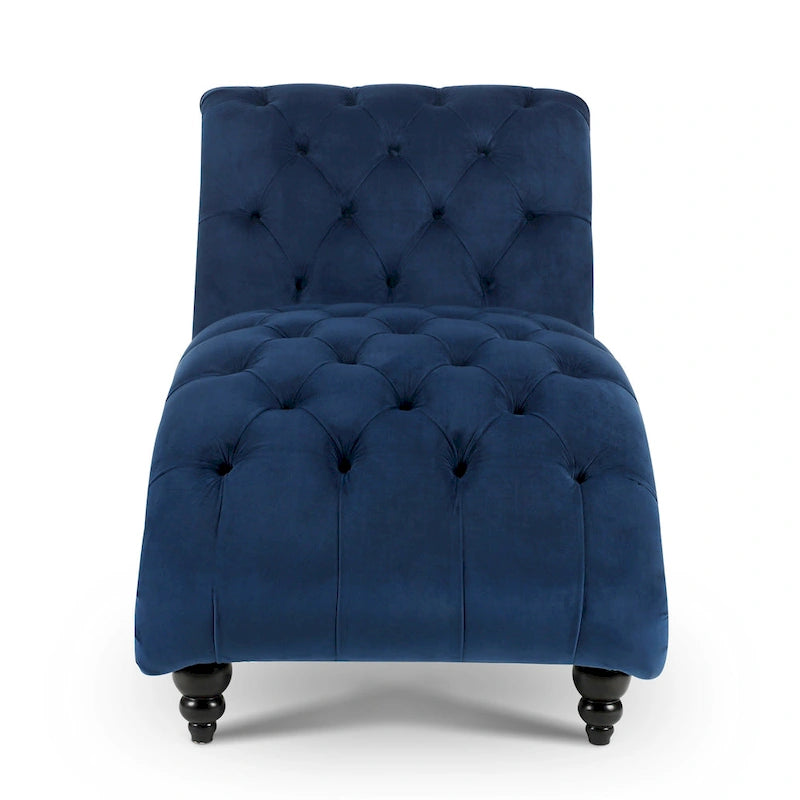 Méridienne capitonnée en velours bleu avec clous décoratifs arrondis, mousse haute densité et pieds en bouleau – Une place