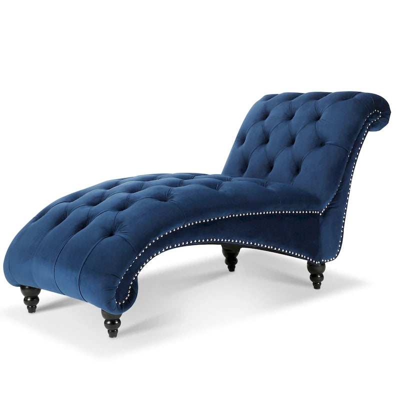 Méridienne capitonnée en velours bleu avec clous décoratifs arrondis, mousse haute densité et pieds en bouleau – Une place