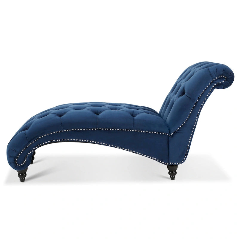 Méridienne capitonnée en velours bleu avec clous décoratifs arrondis, mousse haute densité et pieds en bouleau – Une place