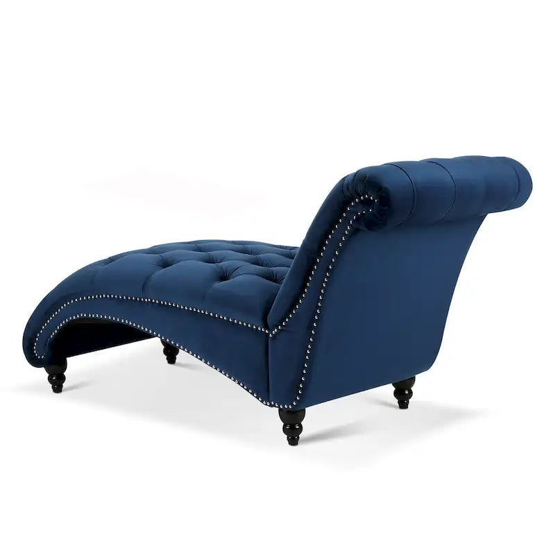 Méridienne capitonnée en velours bleu avec clous décoratifs arrondis, mousse haute densité et pieds en bouleau – Une place