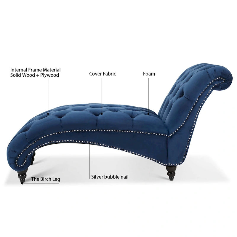 Méridienne capitonnée en velours bleu avec clous décoratifs arrondis, mousse haute densité et pieds en bouleau – Une place
