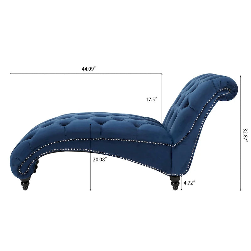 Méridienne capitonnée en velours bleu avec clous décoratifs arrondis, mousse haute densité et pieds en bouleau – Une place