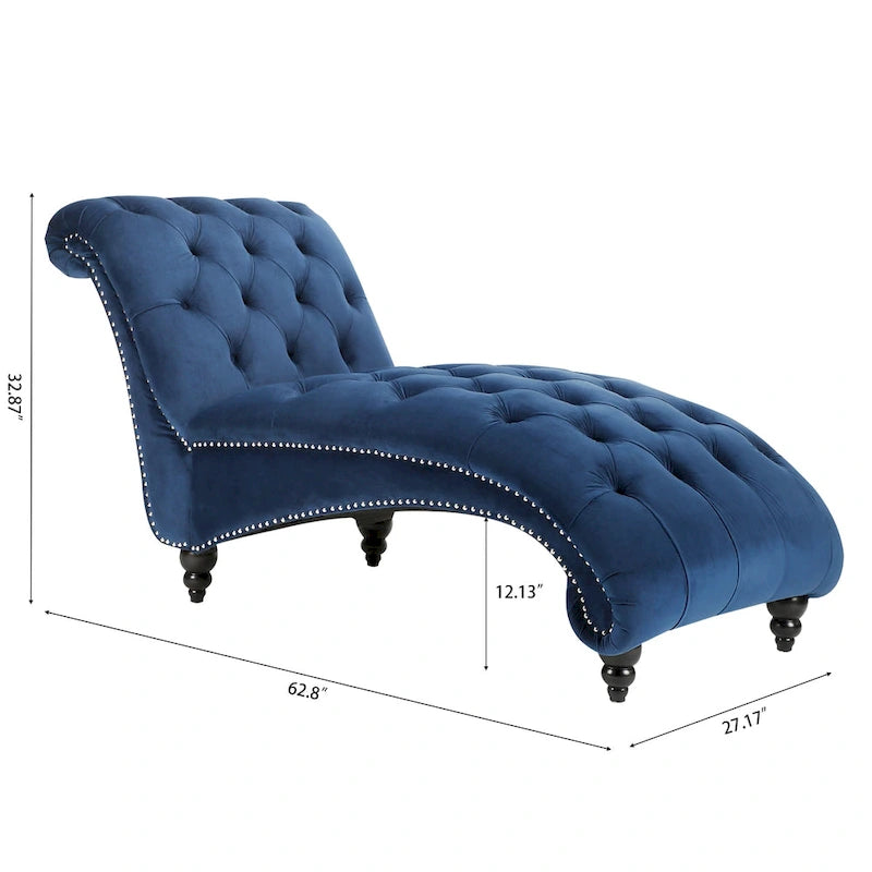 Méridienne capitonnée en velours bleu avec clous décoratifs arrondis, mousse haute densité et pieds en bouleau – Une place