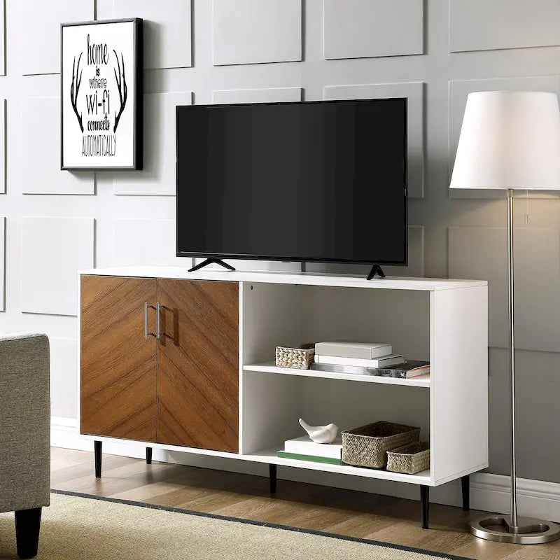 Meuble TV monobloc avec portes d'armoire et gestion des câbles Two-Tone Bookmatch noir/chêne clair, blanc/chêne clair ou blanc/frêne