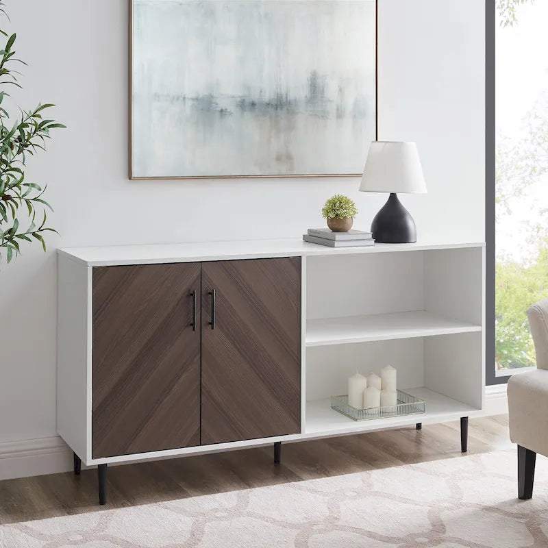 Meuble TV monobloc avec portes d'armoire et gestion des câbles Two-Tone Bookmatch noir/chêne clair, blanc/chêne clair ou blanc/frêne