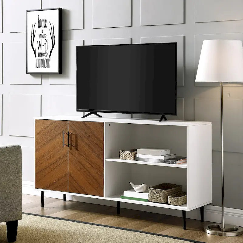 Meuble TV monobloc avec portes d'armoire et gestion des câbles Two-Tone Bookmatch noir/chêne clair, blanc/chêne clair ou blanc/frêne