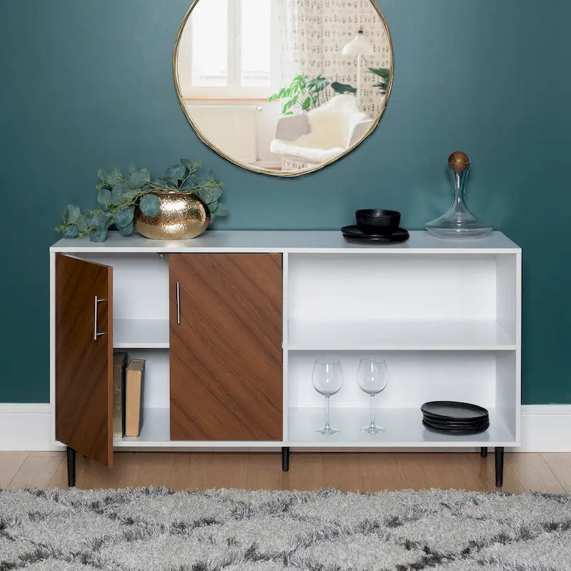 Meuble TV monobloc avec portes d'armoire et gestion des câbles Two-Tone Bookmatch noir/chêne clair, blanc/chêne clair ou blanc/frêne