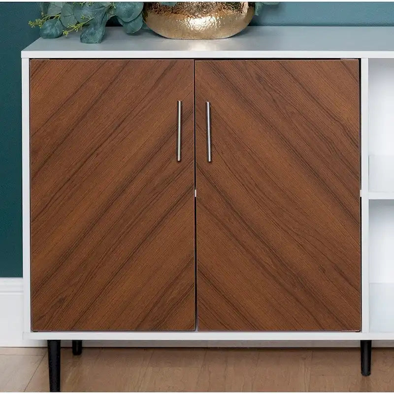 Meuble TV monobloc avec portes d'armoire et gestion des câbles Two-Tone Bookmatch noir/chêne clair, blanc/chêne clair ou blanc/frêne