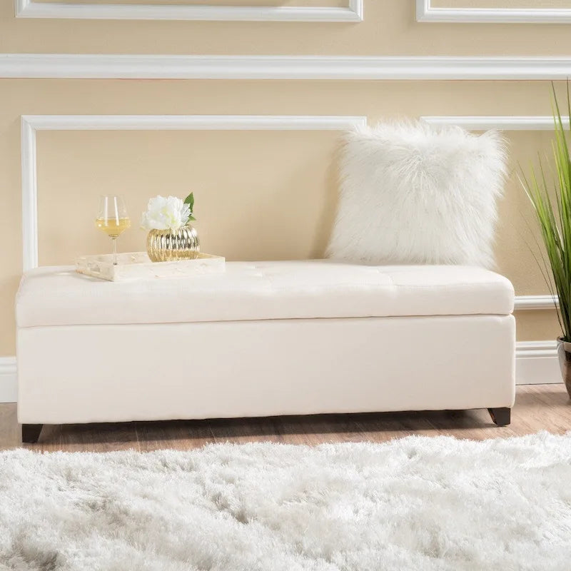 Banc de rangement ottoman en polyester touffeté à point gaufré beige/bleu/gris avec pieds en bouleau et couvercle à fermeture douce – Unité individuelle