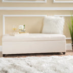 Banc de rangement ottoman en polyester touffeté à point gaufré beige/bleu/gris avec pieds en bouleau et couvercle à fermeture douce – Unité individuelle