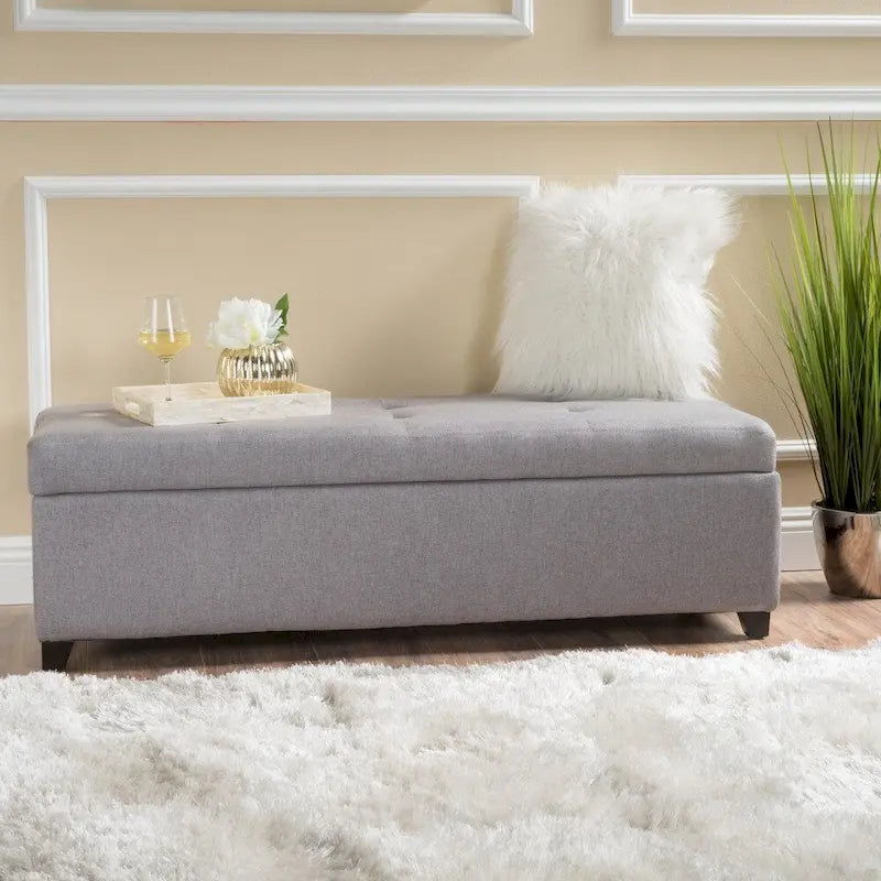 Banc de rangement ottoman en polyester touffeté à point gaufré beige/bleu/gris avec pieds en bouleau et couvercle à fermeture douce – Unité individuelle
