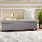 Banc de rangement ottoman en polyester touffeté à point gaufré beige/bleu/gris avec pieds en bouleau et couvercle à fermeture douce – Unité individuelle