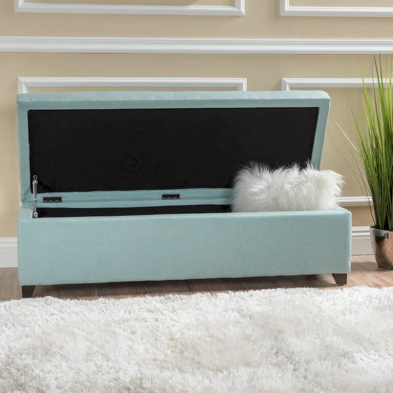 Banc de rangement ottoman en polyester touffeté à point gaufré beige/bleu/gris avec pieds en bouleau et couvercle à fermeture douce – Unité individuelle