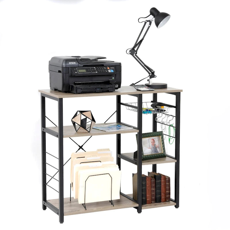 Îlot de cuisine en stratifié Chêne Gris avec 4 étagères et panier coulissant – Unité individuelle