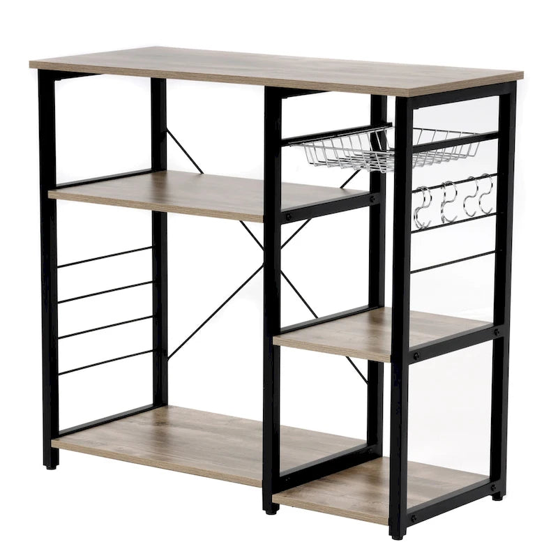 Îlot de cuisine en stratifié Chêne Gris avec 4 étagères et panier coulissant – Unité individuelle