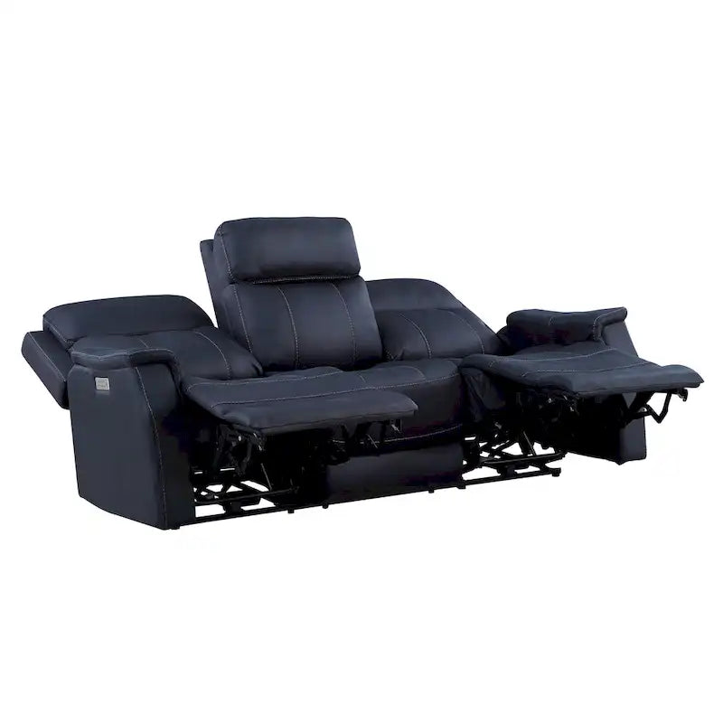 Canapé inclinable électrique en similicuir polyester bleu océan / marron noyer avec port de chargement USB – 3 places