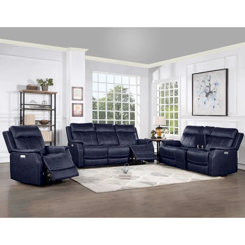 Canapé inclinable électrique en similicuir polyester bleu océan / marron noyer avec port de chargement USB – 3 places