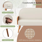 Causeuse en similicuir beige/vert/orange avec accoudoirs en rotin naturel et pieds en bois massif – 2 places